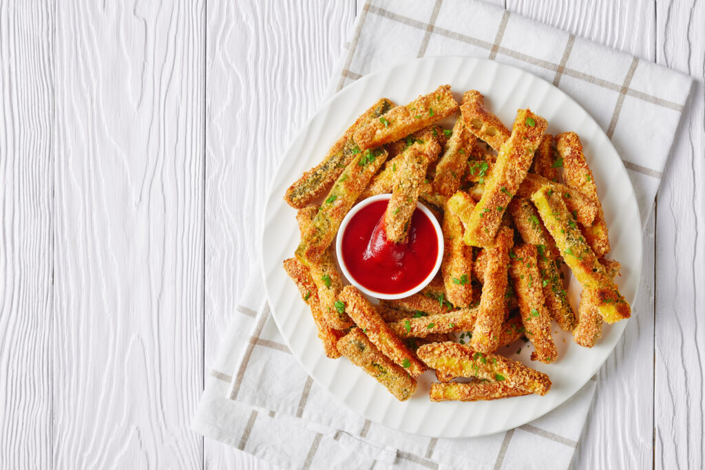 Crunchy,zucchini,sticks,breaded,with,panko,breadcrumbs,,parmesan,cheese,,spices