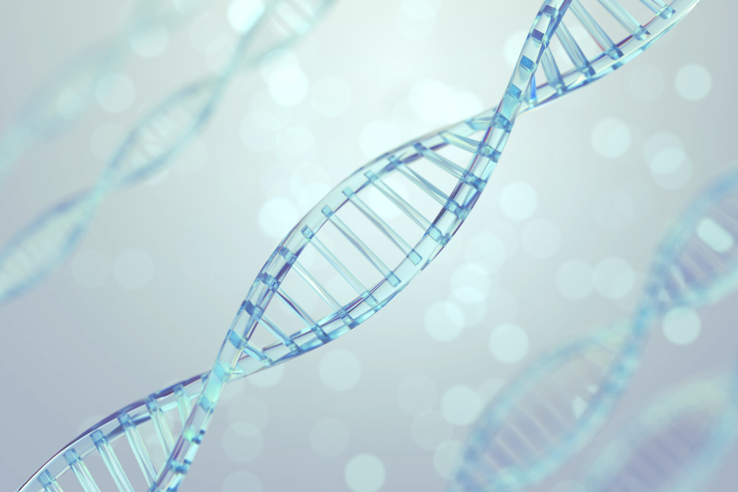 Clear,blue,dna,structure,with,light,bokeh,background,,3d,illustration.
